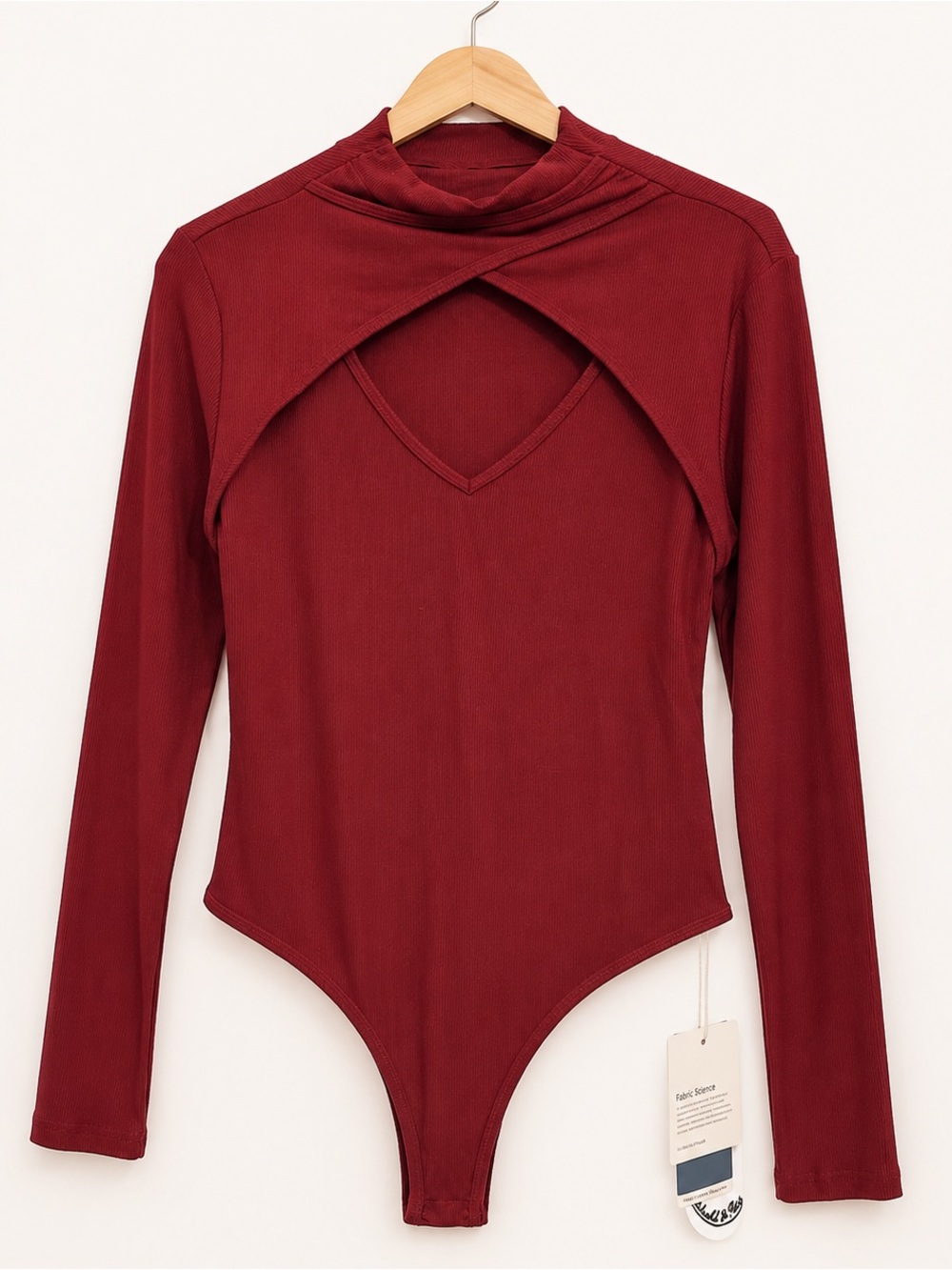 NWT Halara Ruby Wine Ribbed High-Neck Cutout Long-Sleeve Bodysuit